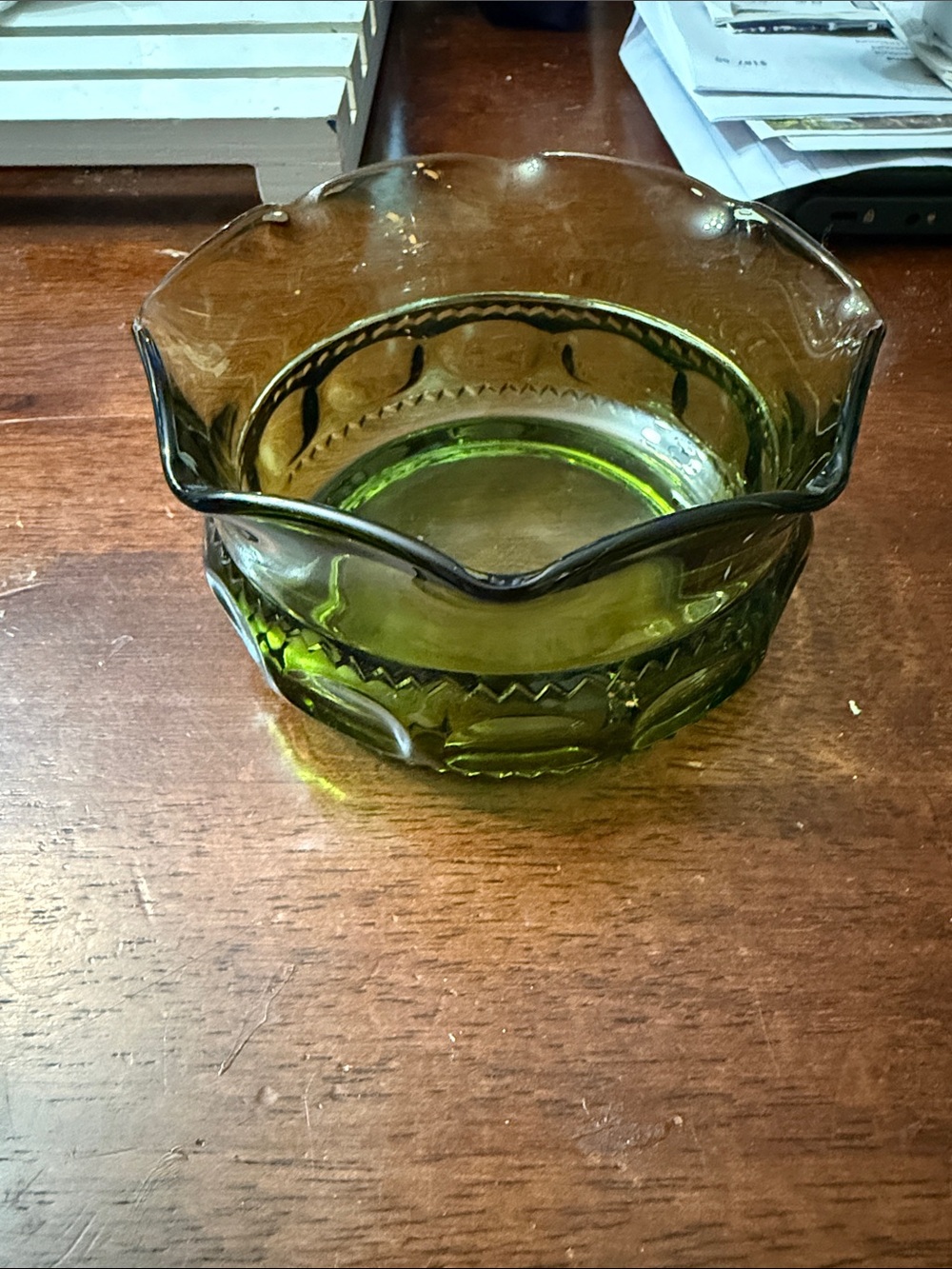 Indiana Glass Olive Green thumbprint Glass Bowl vintage candy dish